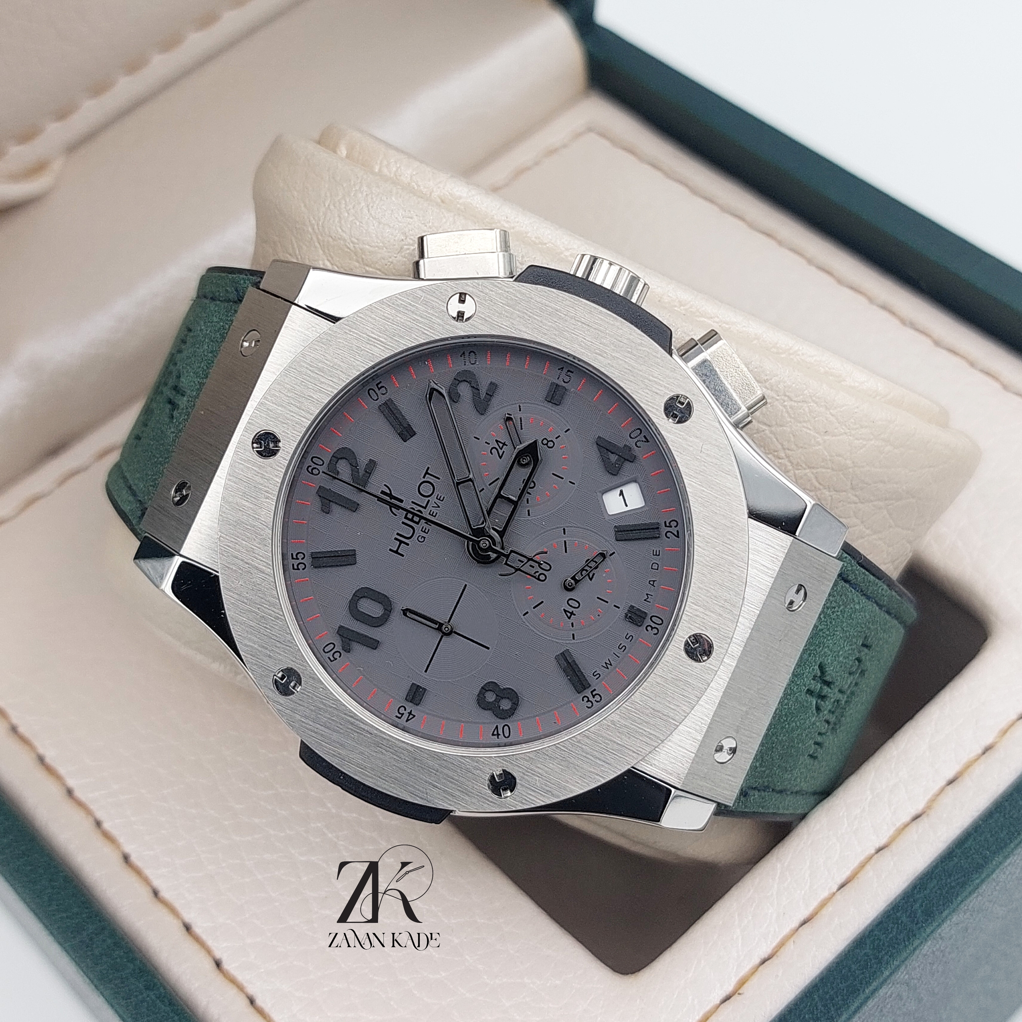 ساعت مردانه هابلوت Hublot بند رابر روکش جیر سبز صفحه طوسی
