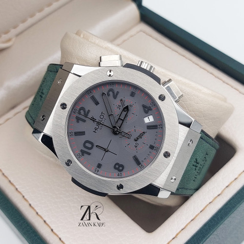 ساعت مردانه هابلوت Hublot بند رابر روکش جیر سبز صفحه طوسی